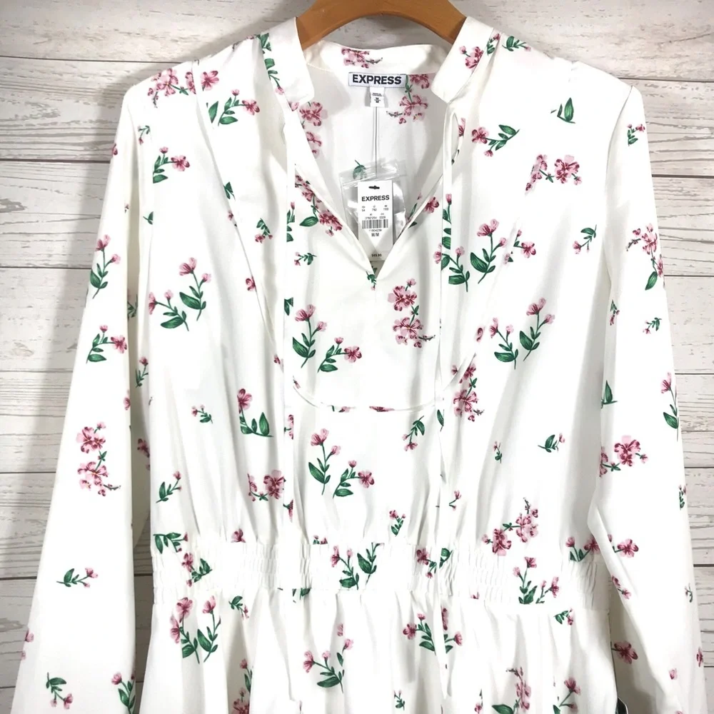 Express Dress NEW Floral Tie Neck Gathered Waist - Picture 3 of 7
